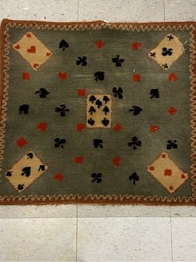 VTG Textured Wool w/Green and Brown Hooked Playing Cards Design 25 x 27”